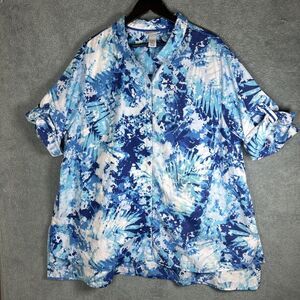 Catherines Womens Cotton Button Up Tunic Shirt 2X Blue Coastal Resort Tropical